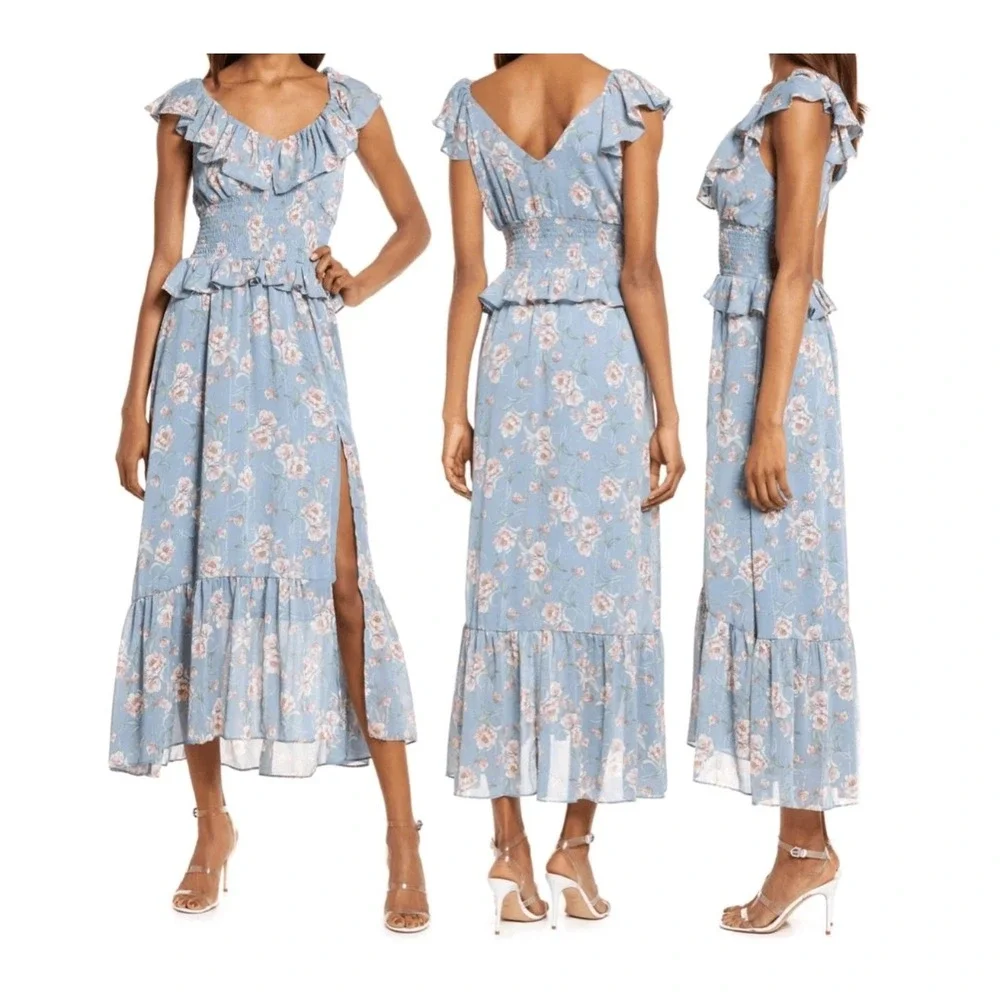 Floret Studios Luna Floral Smoked Midi‎ Tiered Off Shoulder Milkmaid Cottage S